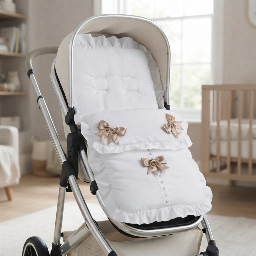 Plain White/ Beige Footmuff/Cosytoes With Large Bows & Lace Plain White/ Beige Footmuff/Cosytoes With Large Bows & Lace